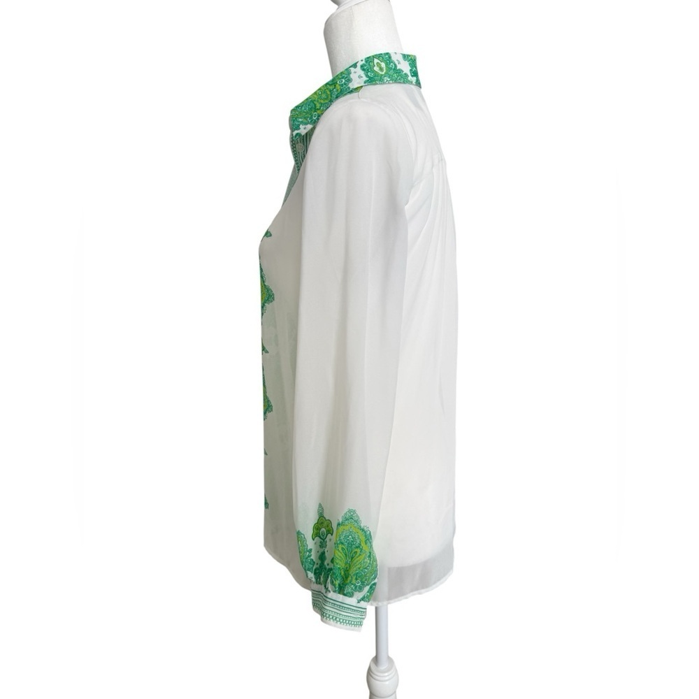 INC White Green Floral Scarf Print Blouse Women’s 4 Semi Sheer Button - Picture 2 of 8